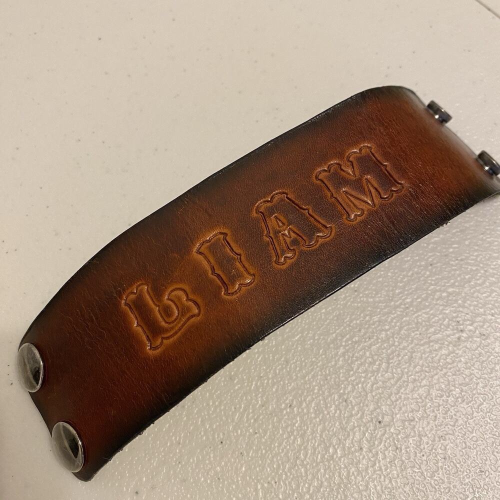 Vintage 90s Hand Tooled Leather Wristband Cuff Bracelet Engraved LIAM Design Y2K
